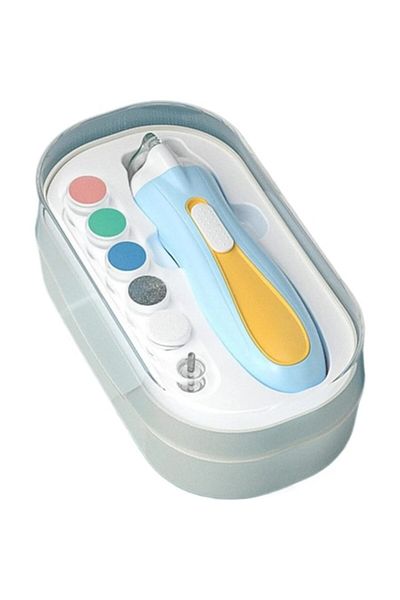 Flo Set pilă electrică de unghii pentru copii și bebeluși, ABS, 6 accesorii, cu lumină LED, albastru deschis