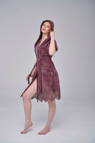 Nuşa Elegant Stylish Lace Niki Velvet Bamboo Cotton Dressing Gown