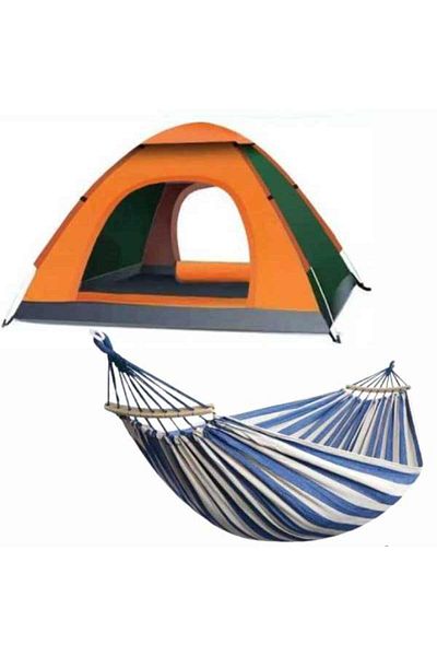 Mercaton Set Mercaton, Automatic Tent for 3-4 People - UV and Waterproof Protection - Orange Tent and Wooden