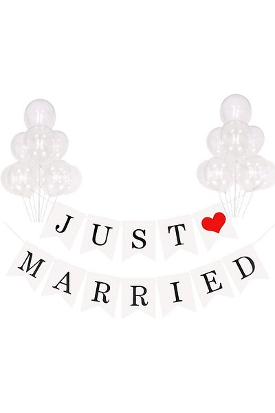 Meowoo wedding banner and 10 balloons set, paper/latex, white, 30 cm