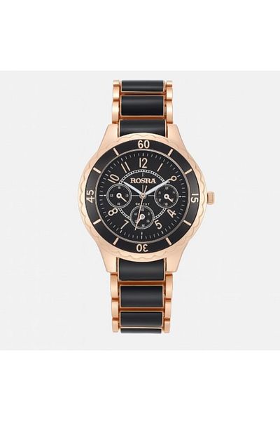REDz Accessories Ceas elegant pentru femei, brățară ceramică, finisaj metalic, stil casual-elegant, negru-roz auriu