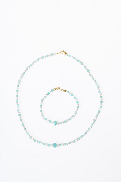 OSMANLI DEĞERLİ TAŞ Certified Amazonite Pearl Natural Stone Silver Closure Necklace(45cm) & Bracelet Set(18cm)