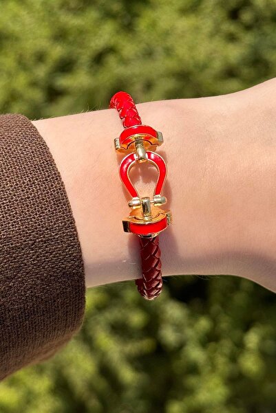 TAKIŞTIR Red Color Leather Handcuff Bracelet