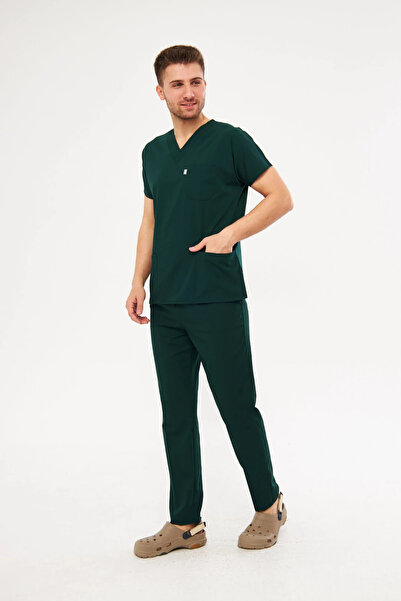 Class Üniforma Avcı Yeşili Likralı Erkek Yarasa Kol Hemşire Ve Doktor Forması Takımı Scrubs