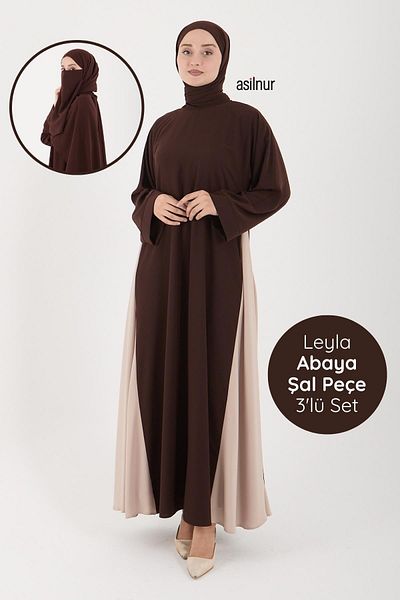 ASİLNUR Leyla Abaya (Ferace Dress) Set of 3 with Shawl Veil Gift Brown