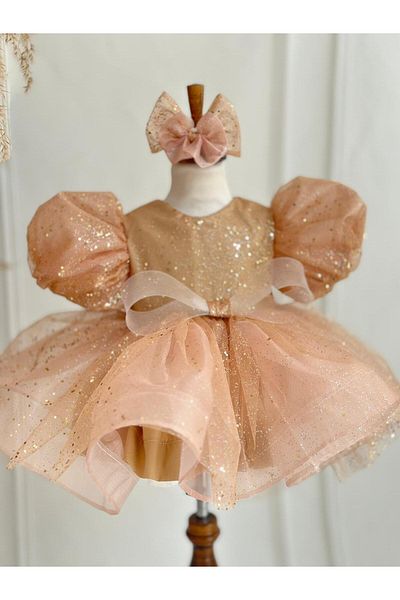 Hobidik Rochie Tutu pentru Fete cu Detaliu Fundita Sclipici Aur Rose
