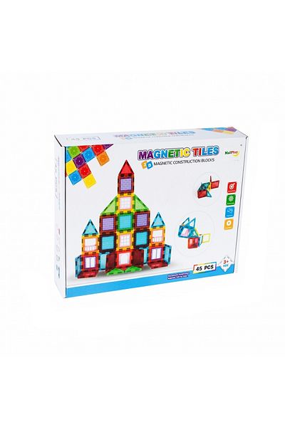 MalPlay Set de constructie Magnetic Tiles, MalPlay, 45 piese 3D, Multicolor