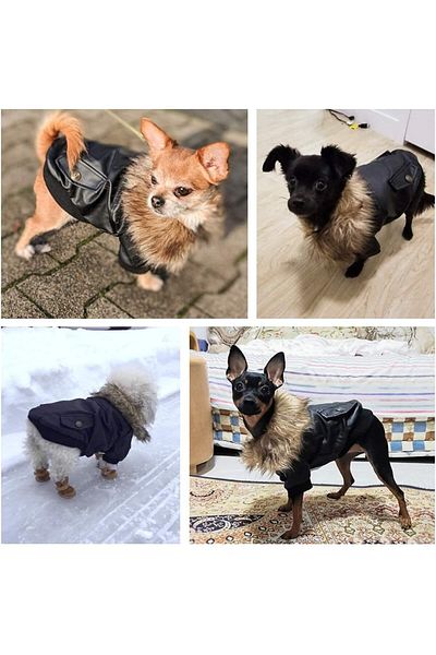 PETLESO jachetă de blană pentru câini, piele PU, neagră, XL