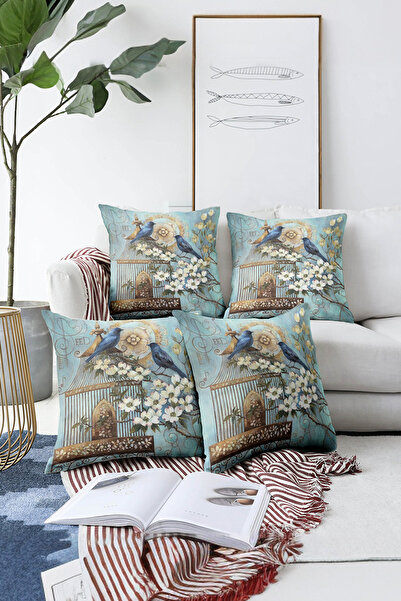 Realhomes Blue Bird and White Flower Patterned Double-Sided Digital Printed Set of 4 Pillow Covers
