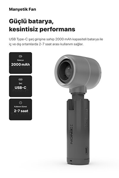 Xenon Smart Taşınabilir Şarjlı 5 Kademeli El Fanı 7 Saat Kullanım 14000 RPM Sessiz Mini Vantilatör Gri X6101