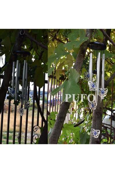PUFO Wind chime with 5 silver metal sound tubes for home or garden, Feng-Shui model with 6 butterflies