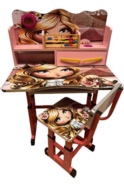 OEM Set de birou cu scaun pentru copii, din MDF, cadru metalic, cu înălțime reglabilă, ceas educativ