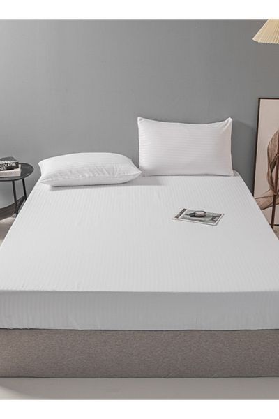 LUNA HOME Single Size 3 Piece Set, Bedsheet with 2 Pillow Cases, White Color, Striped Design