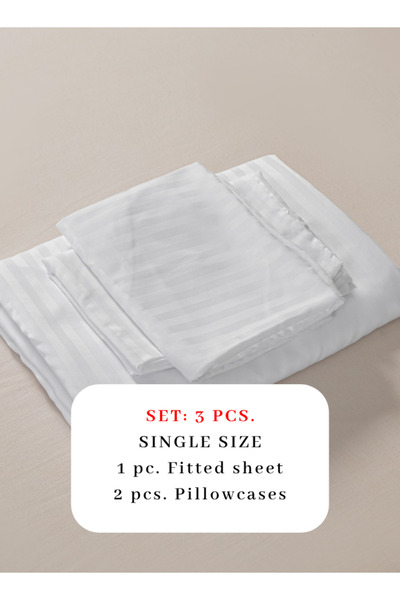 LUNA HOME Single Size 3 Piece Set, Bedsheet with 2 Pillow Cases, White Color, Striped Design