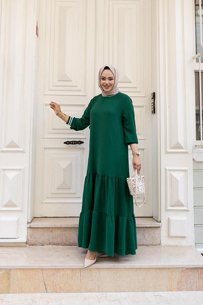 Hb Harma Time Butik Women's Layered Ribbed Green Hijab Dress