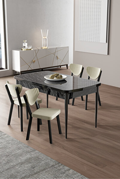 Canisa Exve Serisi 80x132 Açılabilir Siyah Mermer Desen Masa Takımı ve 4 Krem...