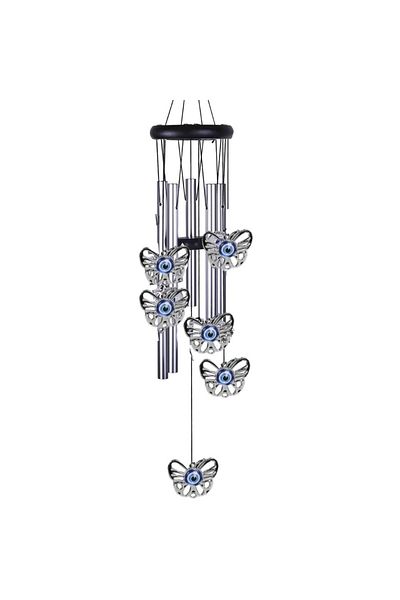 PUFO Clopoțel de vânt cu 5 tuburi sonore metalice argintii pentru casă sau grădină, model Feng-Shui cu 6 fluturi