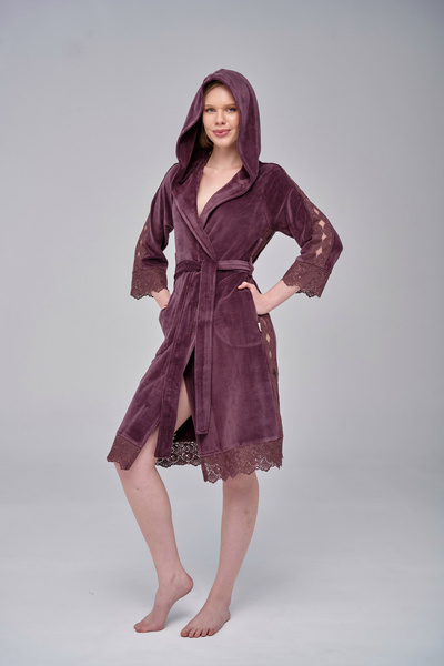 Nuşa Stripe Lace Niki Velvet Bamboo Cotton Dressing Gown