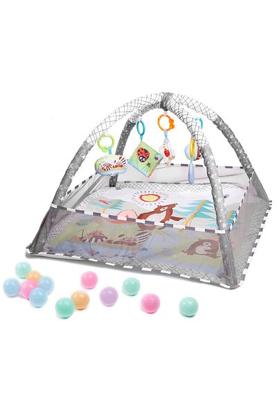SERSIMO Baby playpen, 76x76x50 cm, gray – with toys, balls and interactive arcades