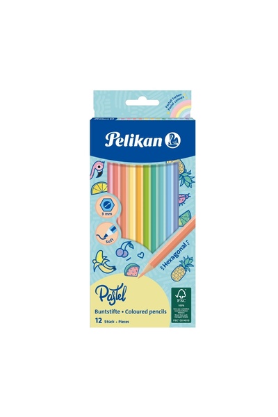 Pelikan Creioane colorate pastel, culori asortate, material lemn, set de 12, lăcuite, secțiune hexagonală