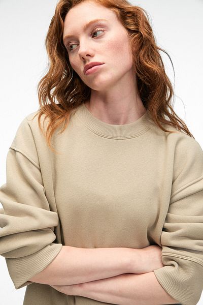 GRIMELANGE Esme Women's Oversize Round Neck, Sleeve and Hem Cuff Stone Color Sweatshirt