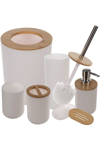 LikeSmart 6-piece Bathroom Accessory Set with Bamboo Accents, Bathroom Set, Soap Dish, Trash Can, Brush
