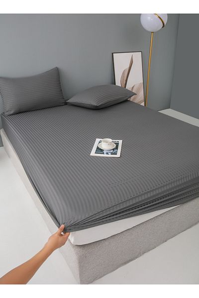 LUNA HOME 3 Pcs Queen Size Fitted sheet with elastic corner 160*200 + 30 cm with 2 pillow cases, dark grey.