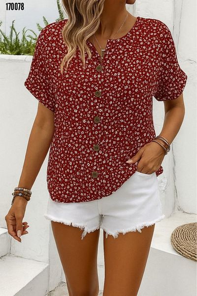 moda wanilia Women's Notch Collar Floral Single Jersey Blouse