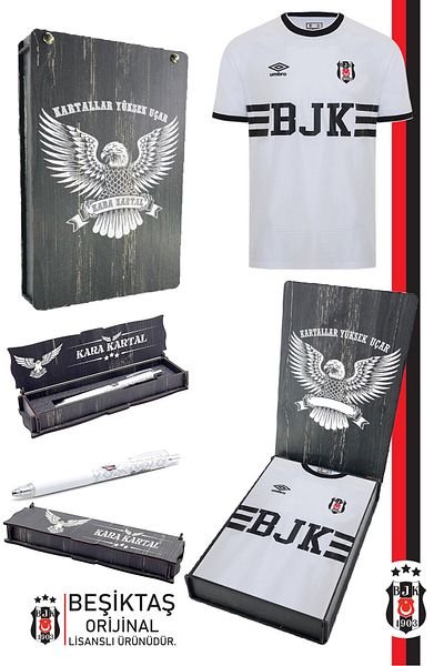 Beşiktaş طقم قميص Bjk أبيض نوستالجيا مرخص أصلي + مجموعة أقلام تنتهي من الخشب كهدية