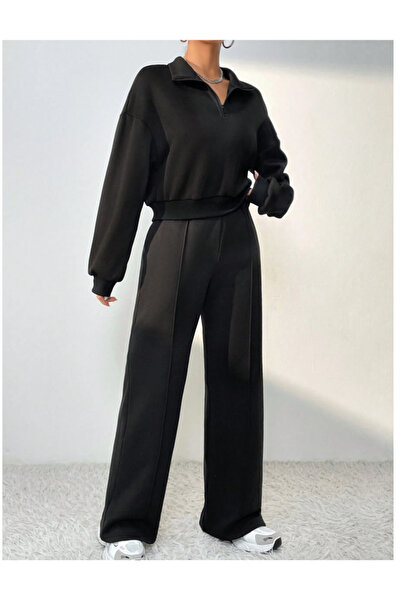 LAUSRA Ženske crne široke pantalone veće veličine PRE-WASHED širok kroj SIX E...