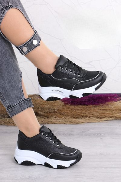 OBAY LİFE Women's Black White 7 cm Hidden Heels Glitter Sports Shoes Nbr4100