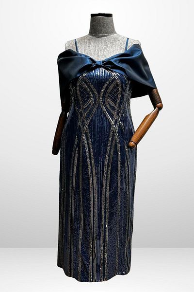 By Saygı Women's Thin Strap Satin Bow Boat Neck Sequin Embroidered Lined Plus Size Midi Dress