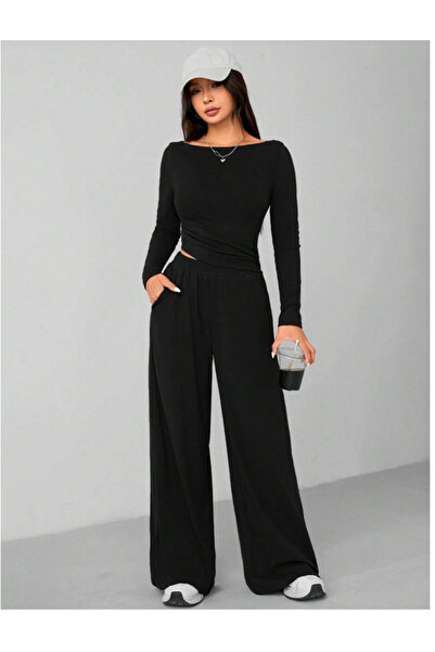 LAUSRA Pantaloni negri pentru femei, mărime mare, largi, cu croială lejeră, A...