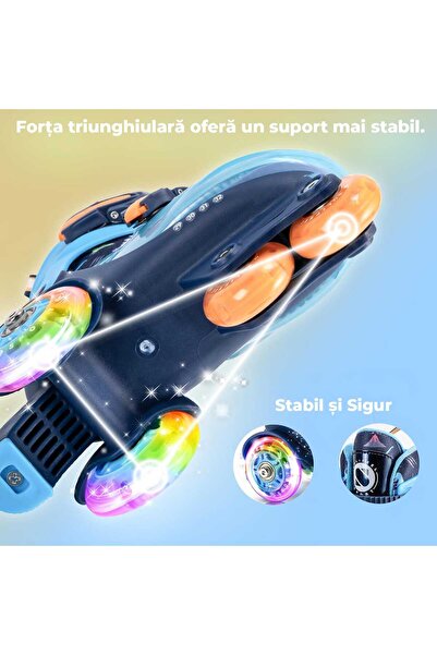 Elindor Role reglabile pentru copii, 4 roți iluminate, stabilitate triunghiulară, model dinozaur, mărimea XS, albastru
