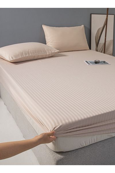 LUNA HOME 3 قطع ملاءة سرير كينج سايز مع زاوية مرنة 180*200+30 سم مع 2 كيس وسادة، بيج.