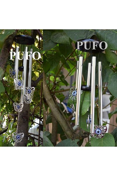 PUFO Clopoțel de vânt cu 5 tuburi sonore metalice argintii pentru casă sau grădină, model Feng-Shui cu 6 fluturi