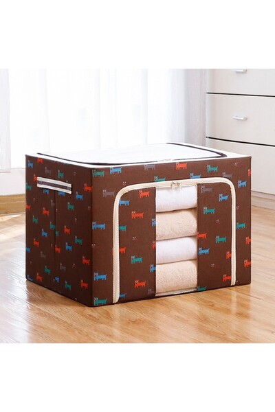 Camy Folding Storage Box with Zipper, 100L, Textile, 60x42x40 cm, Dog Print, Brown