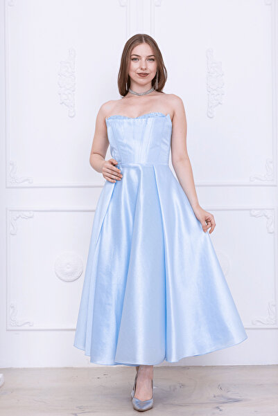 BEYBOS Tafta Saten Kumaş Straplez Midi Elbise - BEBE MAVİSİ