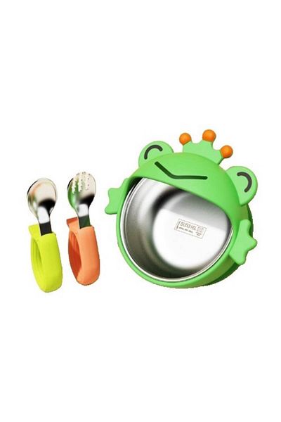 Camy Set 3 Piese Diversificare Bebelusi si Copii, Bol, Lingura si Furculita, Model Broscuta, din Silicon