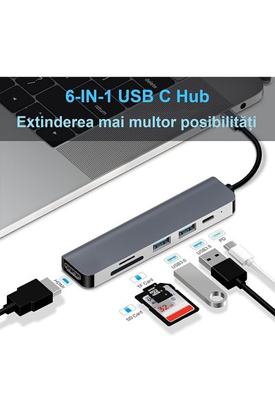 Axeloni ® 6-in-1 USB-C Hub, 4K HDMI, USB 3.0/2.0, SD/TF, 87W PD, Multiport Adapter, Gray