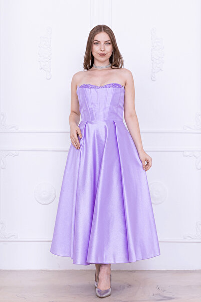 BEYBOS Rochie midi fără bretele din țesătură din satin tafta - LILA