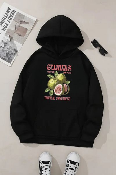 Sweetline Hanorac negru unisex cu glugă – țesătură groasă cu imprimeu tropical Guavas