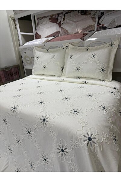 ESTİMA Aslan Tekstil Mira Çiçekli Çift Kişilik Yatak Örtüsü Ekru- Gri