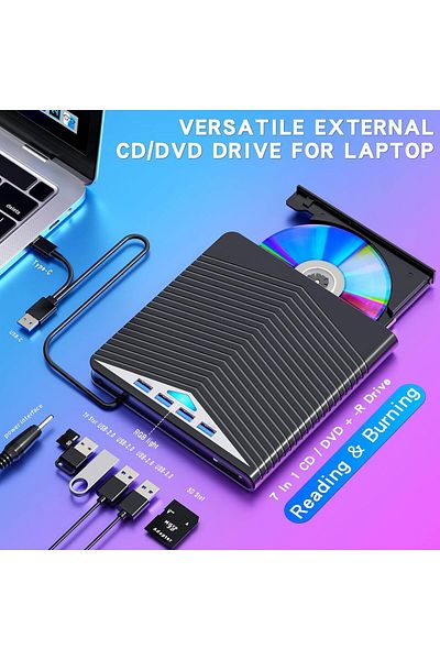 Axeloni ® 366 External DVD CD RW Drive, USB-C Hub, SD Reader, Burner for Win10, Laptop, PC