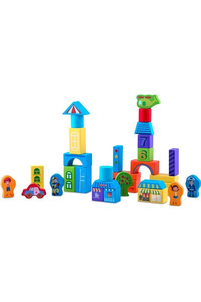 Ricokids Set 100 cuburi din lemn pentru copii Multicolor City in galetusa de depozitare cu capac sor