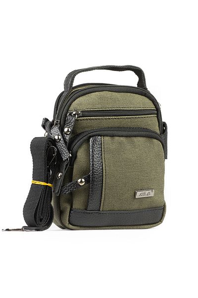 İMAKS Canvas Canvas Fabric Medium Size Leather Detail Men's Daily Hand Shoulder Strap Bag Khaki-Black A101