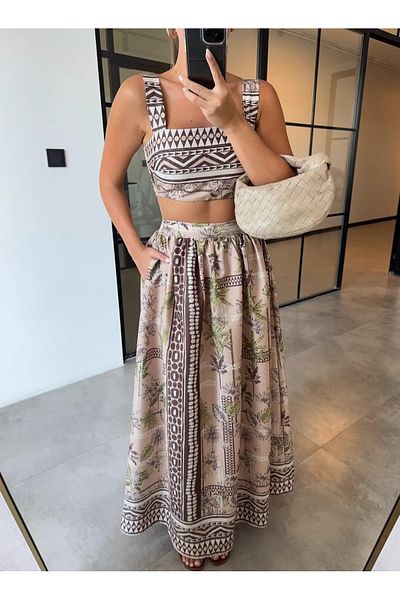 My Blog Beige Safari Crop Blouse Skirt Set - 30402