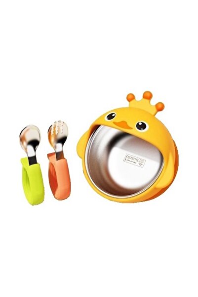 Camy Set de înțărcare pentru bebeluși și copii mici, format din 3 piese - bol, lingură și furculiță cu design de rățușcă, silicon și oțel inoxidabil