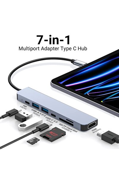 Axeloni Hub USB-C 7 în 1, HDMI 4K, USB 3.0/2.0, Port USB-C PD 100W, Cititor de carduri SD/TF, Gri