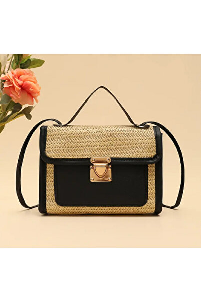 TChic Black Pu Leather Contrast Mini Straw Bag